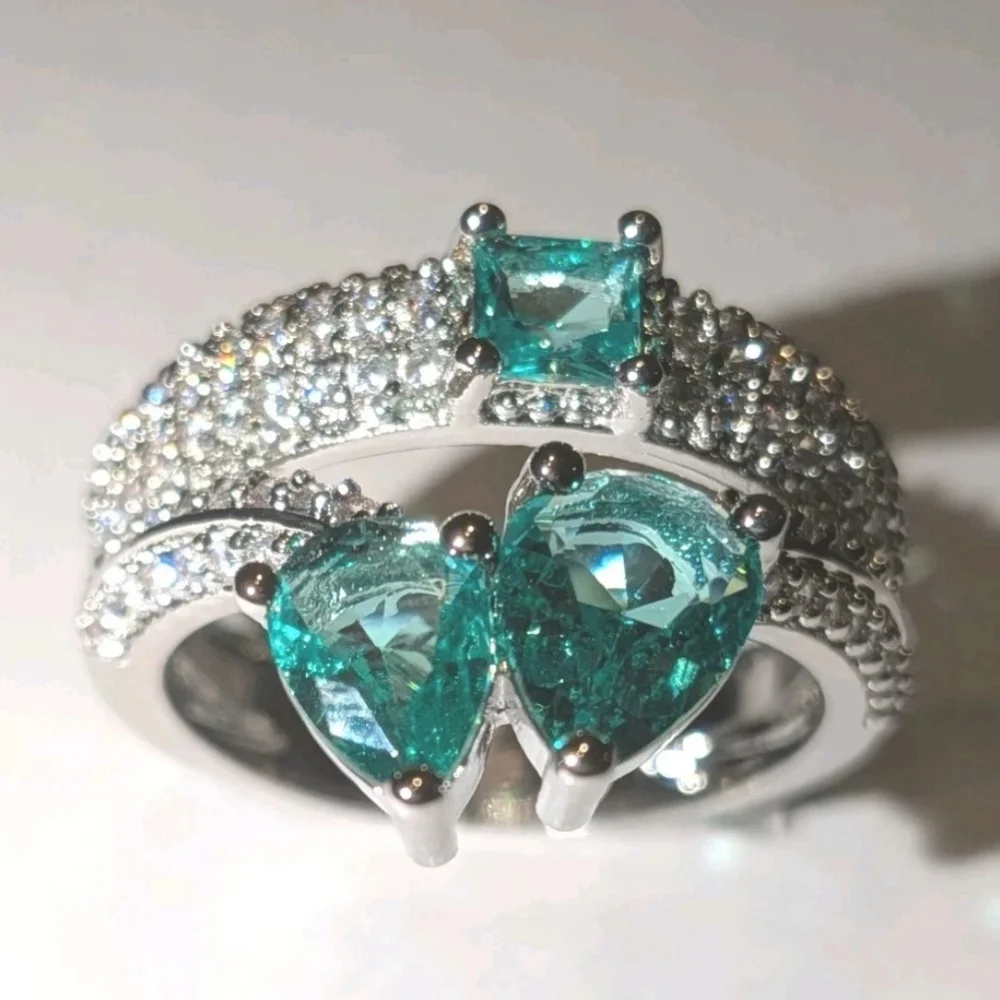 S925 Silver 5.10CTW EMERALD & WHITE Lab-Created DIAMOND Engagement Ring Sz 7